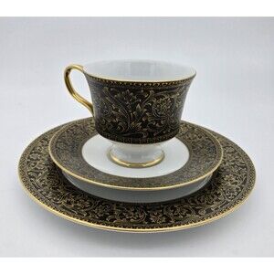Sango China Japan Richelieu 3756 Black Gold Cup Saucer Dessert Plate Set Vintage